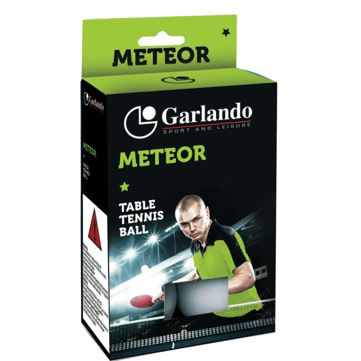 Une boîte de balles de tennis de table avec une image de joueur et la marque 'METEOR'.