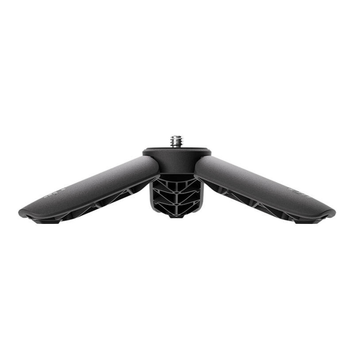 Czarny statyw na białej powierzchni, nogi rozłożone.