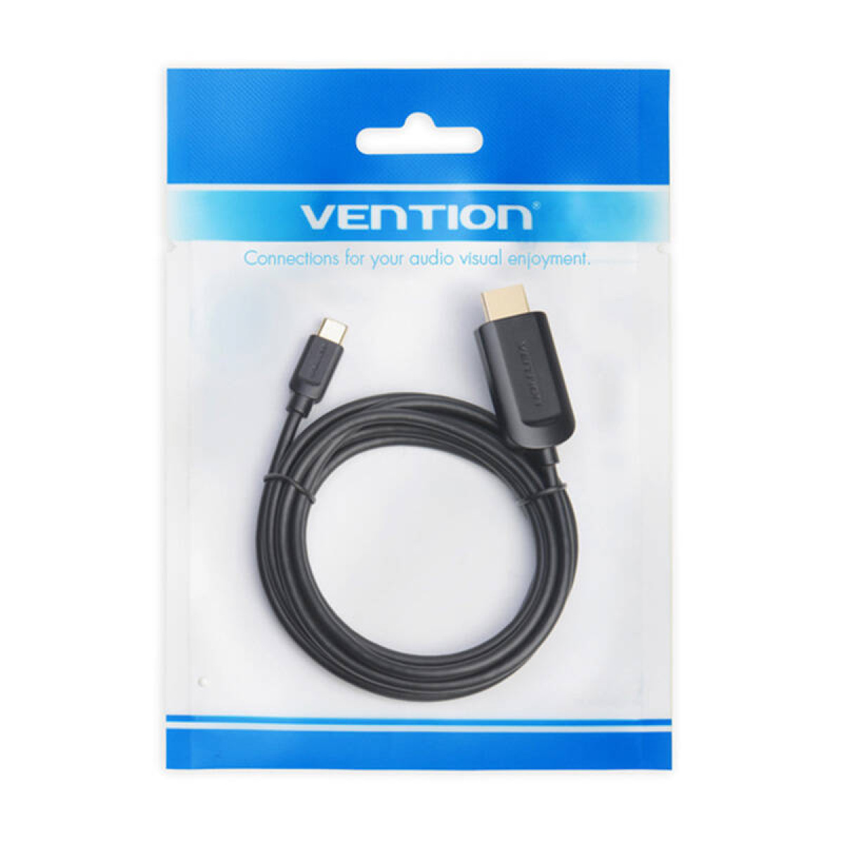 Un cable Vention negro en un paquete de plástico transparente.