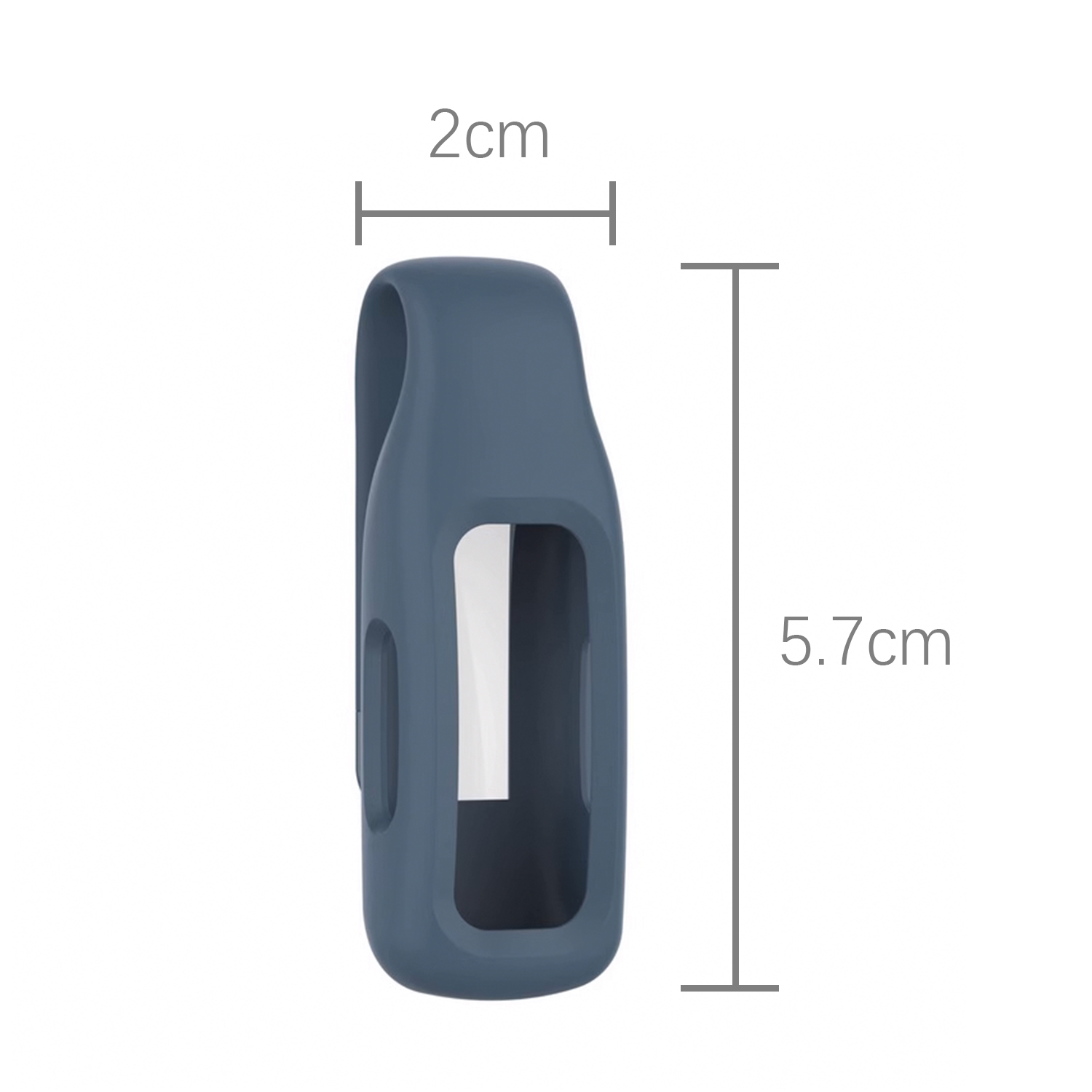 Blauer Fitness-Tracker-Halter mit Abmessungen 2cm x 5,7cm vor Weiß.