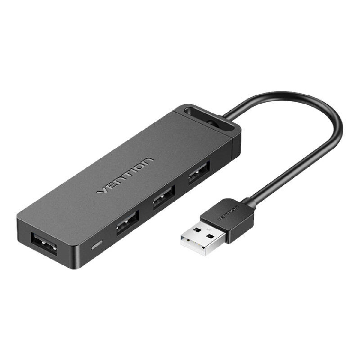 Ein grauer Vention USB-Hub mit vier Anschlüssen und einem USB-Anschluss wird gezeigt.