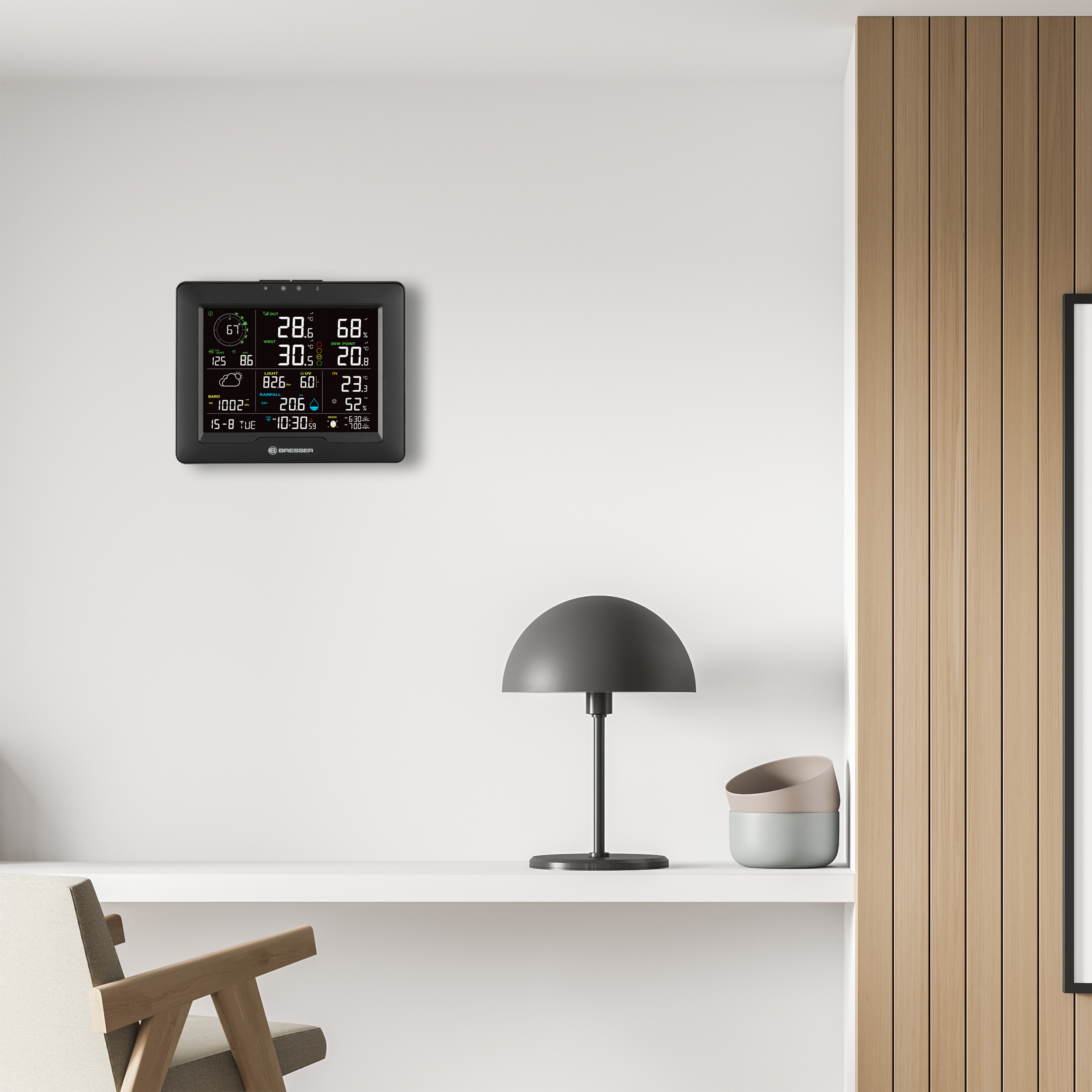 Una pared con una estación meteorológica, una lámpara y una maceta decorativa. La pared es blanca con paneles de madera.