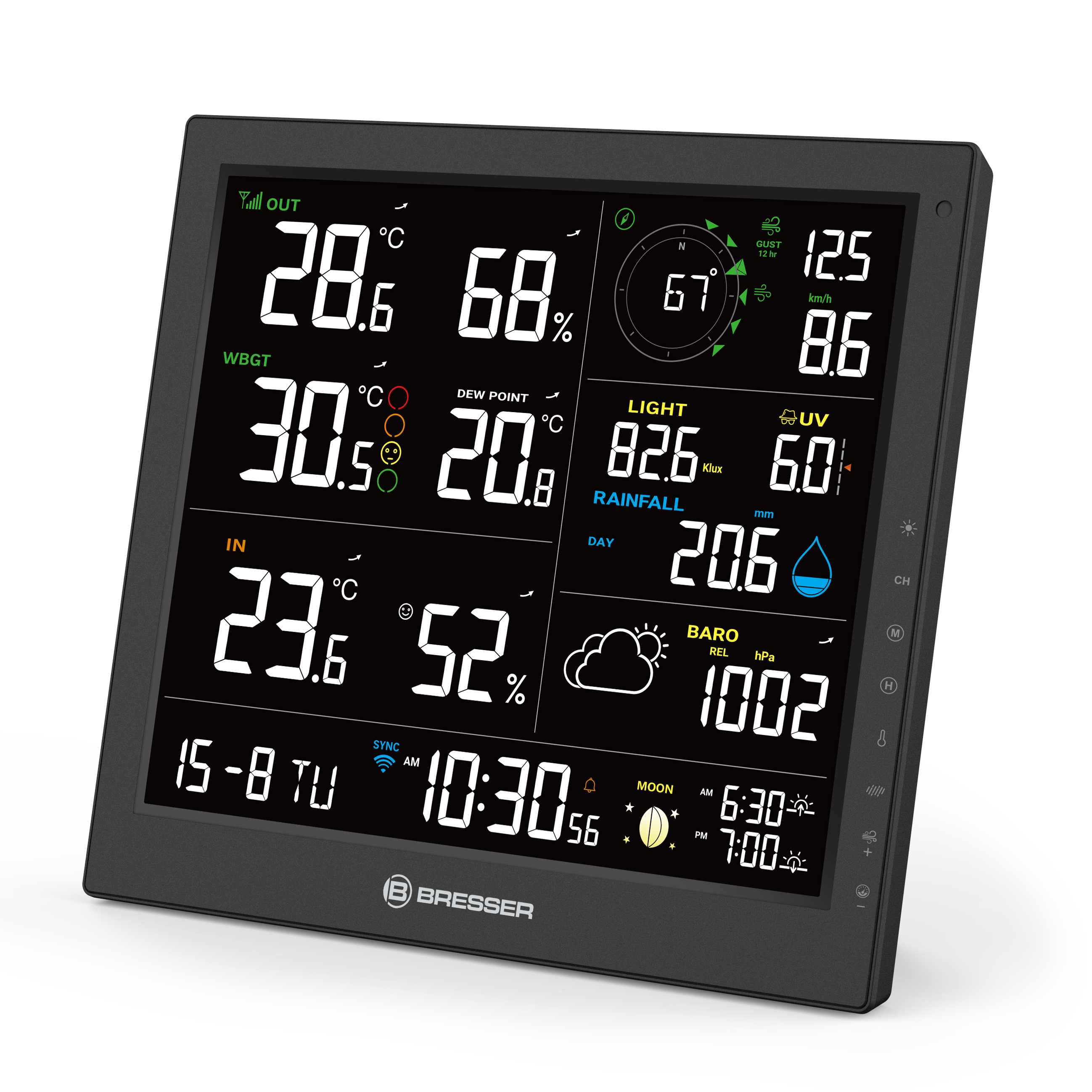 Estación meteorológica digital que muestra temperaturas exteriores e interiores, humedad, viento y presión barométrica.
