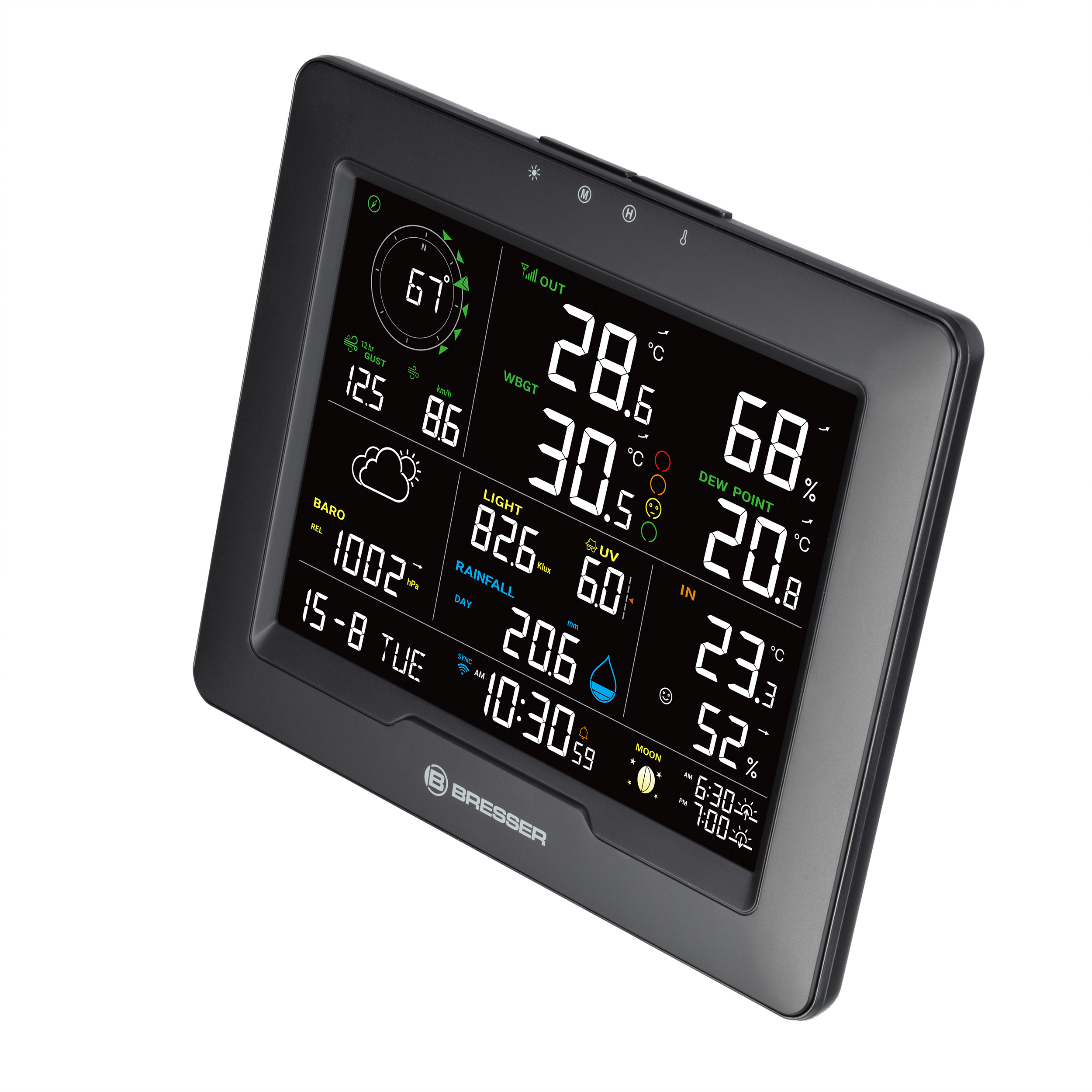 Estación meteorológica digital con marco negro, mostrando temperatura, humedad, y más.