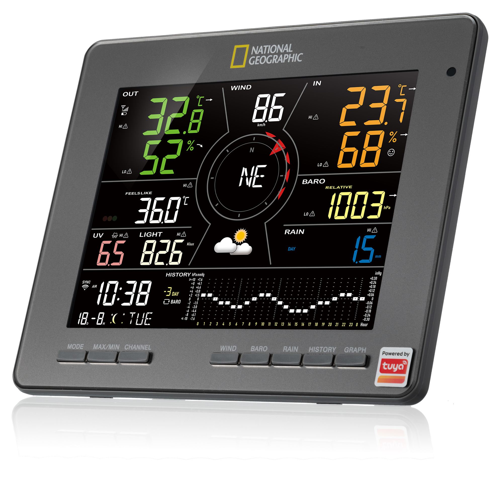 Estación meteorológica digital muestra temperaturas exteriores e interiores, humedad, velocidad del viento, presión atmosférica y hora.