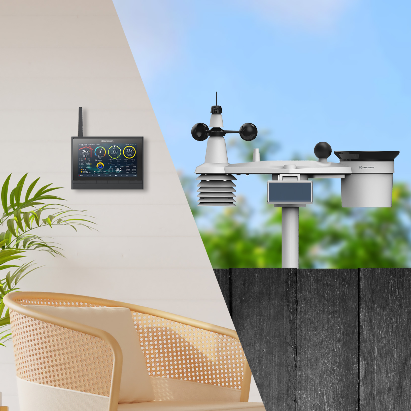 Wetterstation mit einem Bildschirm an der Wand und Sensoren in einem Garten. Blauer Himmel im Hintergrund.