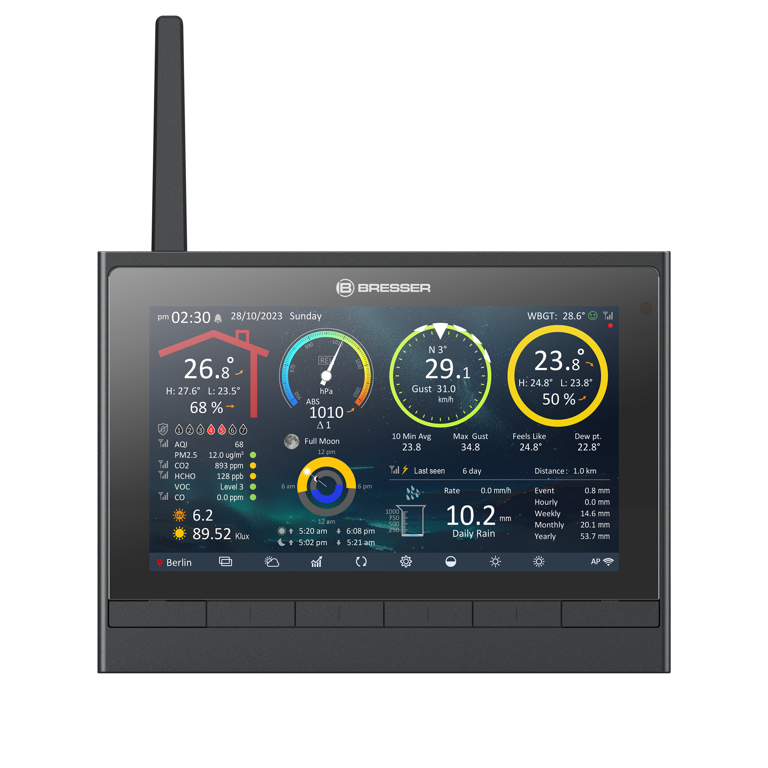 Ein Bildschirm einer digitalen Wetterstation, der Daten und Messwerte anzeigt, mit schwarzem Rahmen und Antenne.