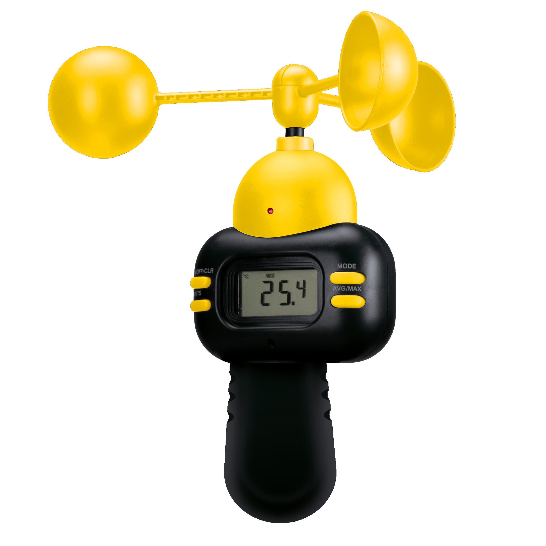 Anemómetro amarillo con pantalla digital. Muestra 25.4. Tiene una base negra.