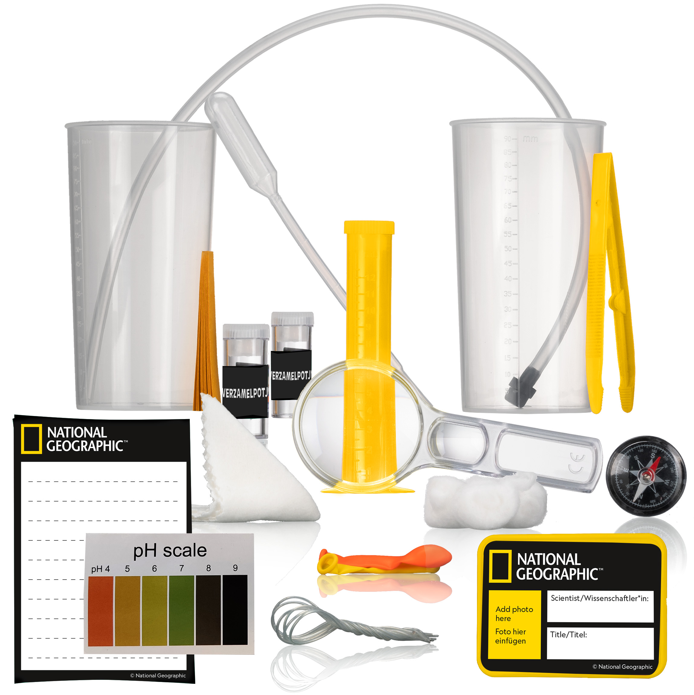Kit científico educativo con diversas herramientas y vasos. Incluye brújula, escala de pH y lupa.
