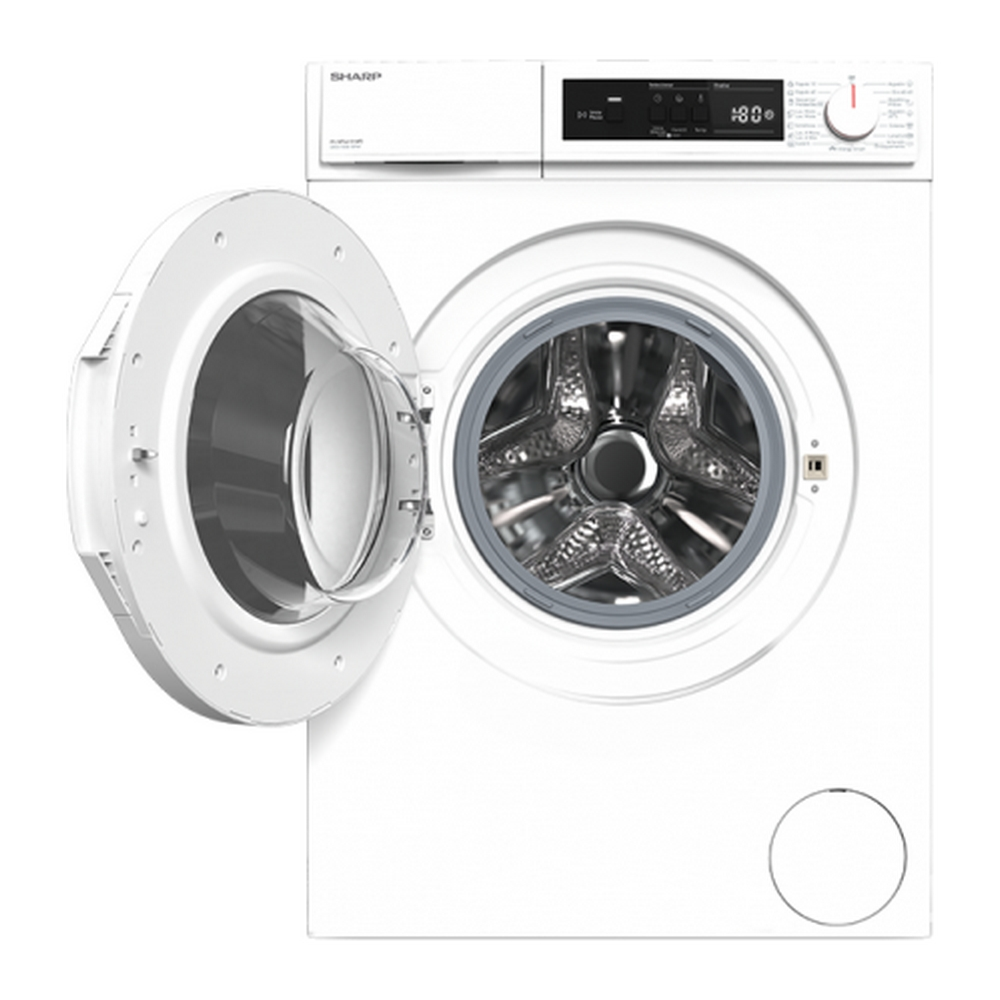 Lavatrice bianca con porta aperta, che mostra il cestello e il display.