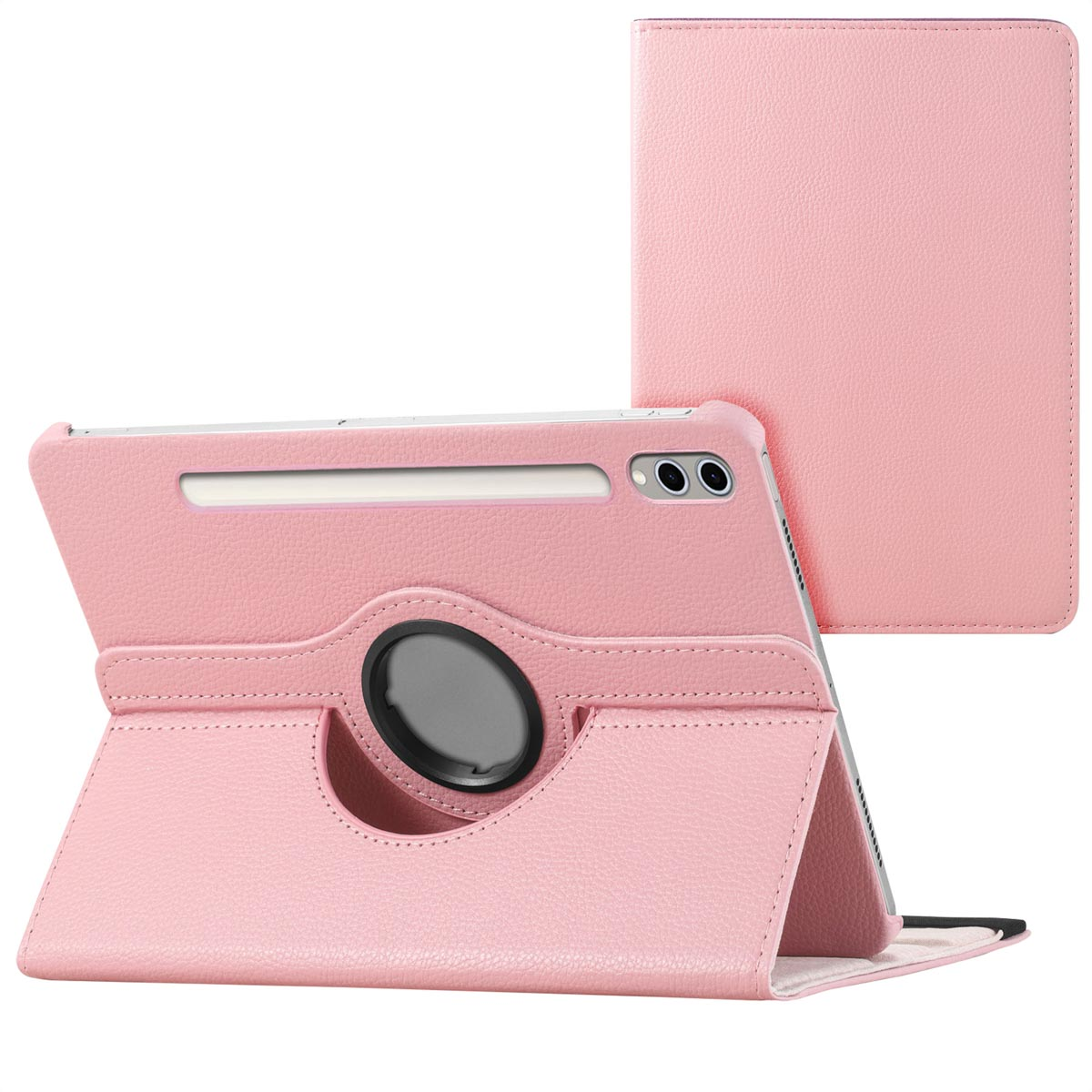 Pink tablet case, partially open, with a rotating stand, on white background.