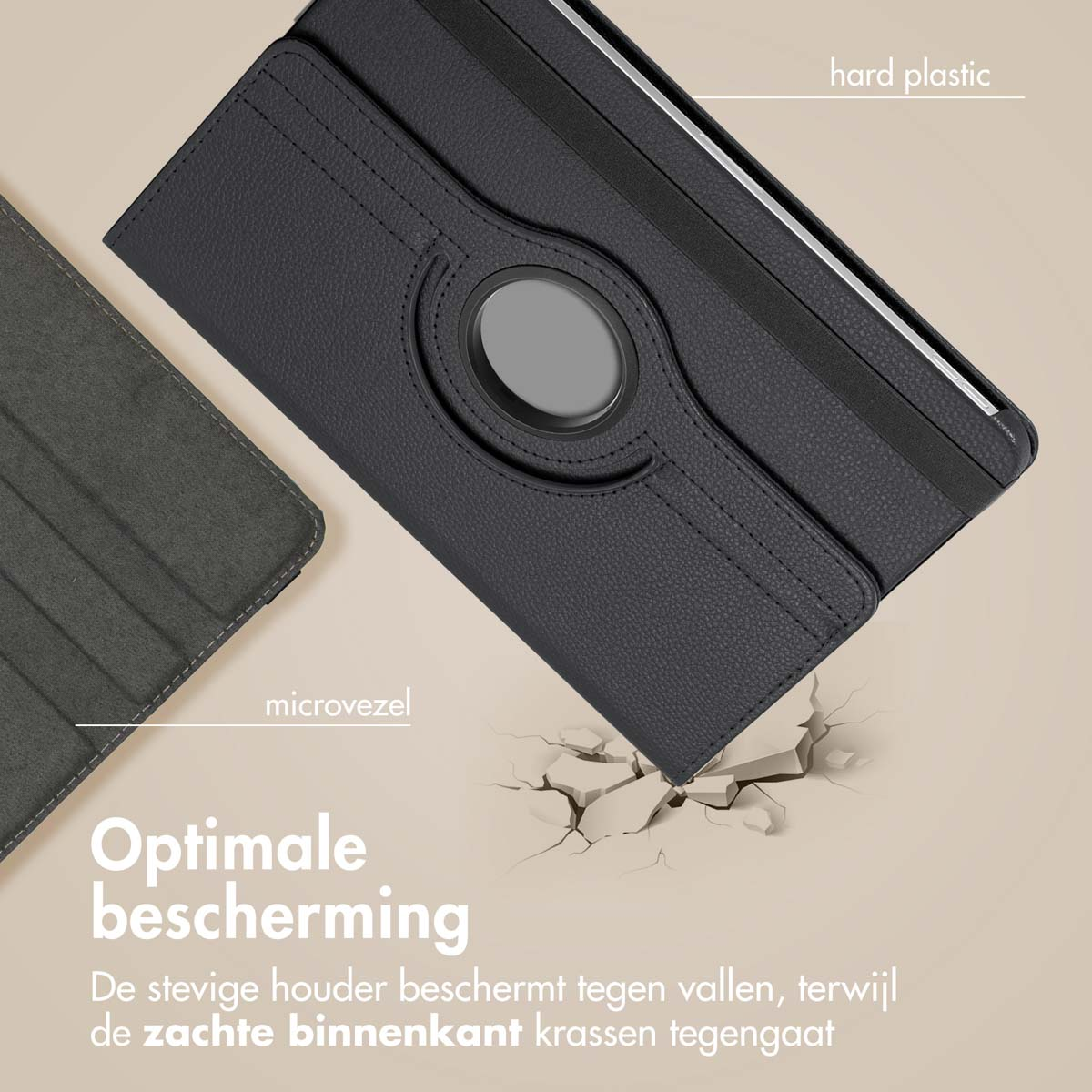 Tablet case with a black cover and grey microfiber inside, with text about protection.