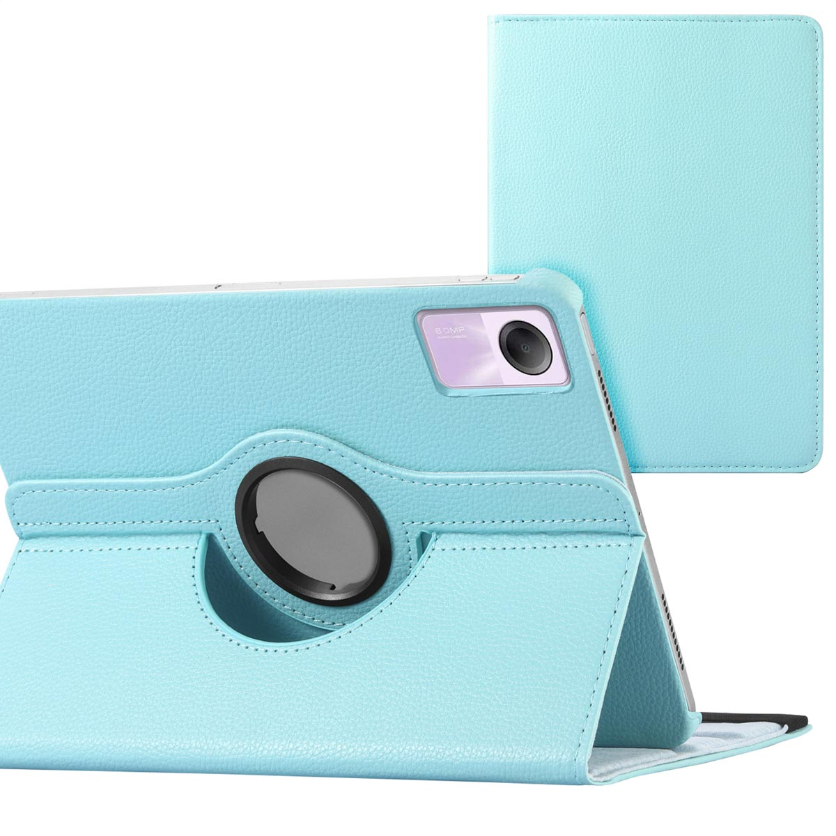 Light blue tablet case with the tablet inside. The case is open, showing the back.