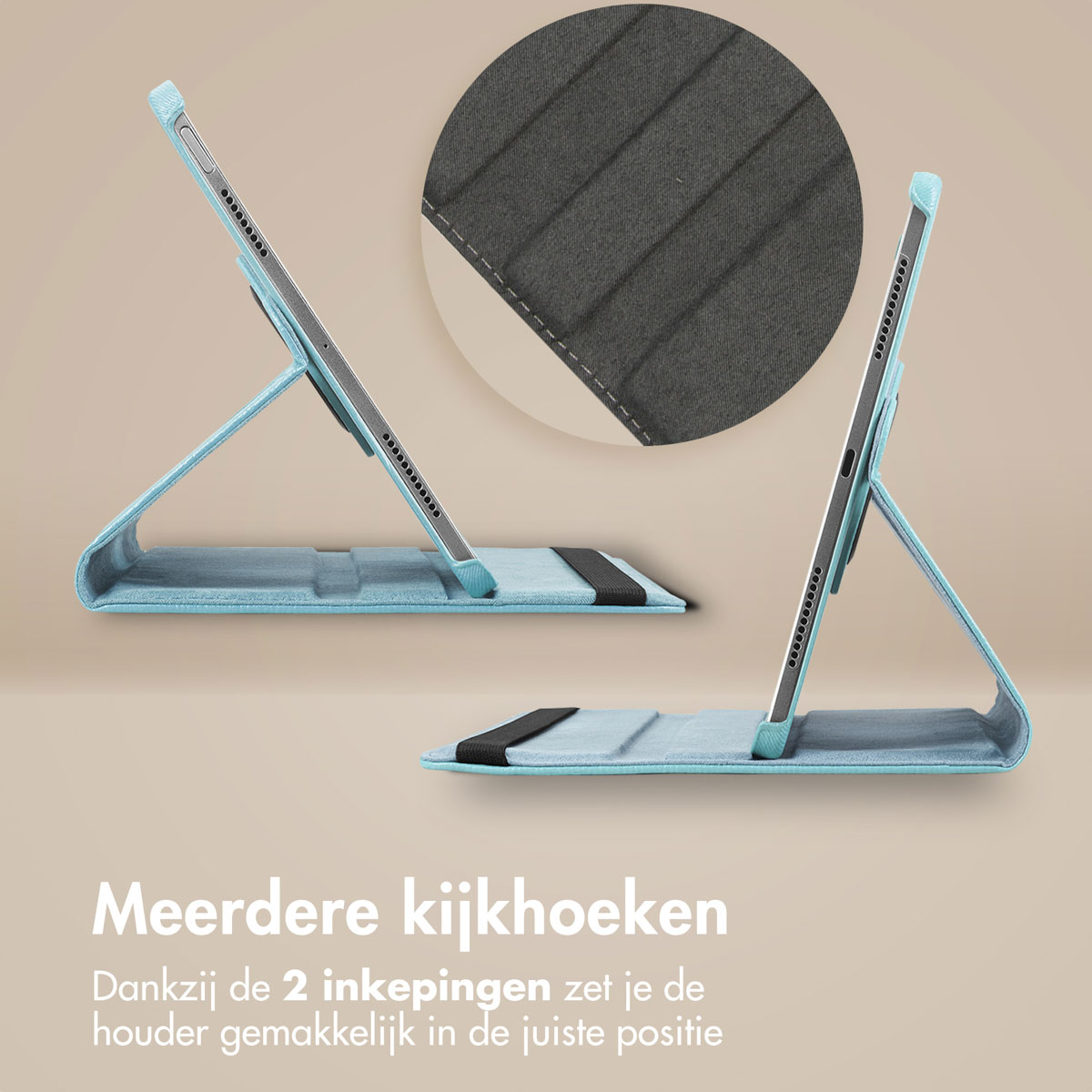 Twee tabletcases in lichtblauw, een opgesteld, de andere plat. Detail toont binnenstiksel.