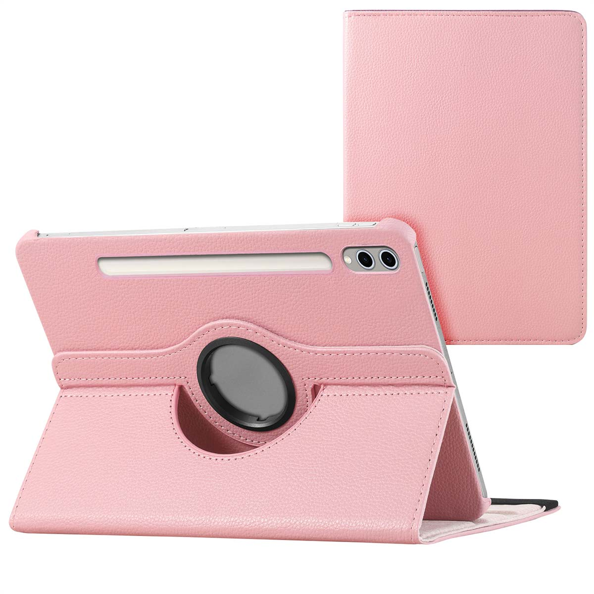 Roze tablethoes met een tablet erin. Hoes kan draaien. Een tweede hoes is zichtbaar.
