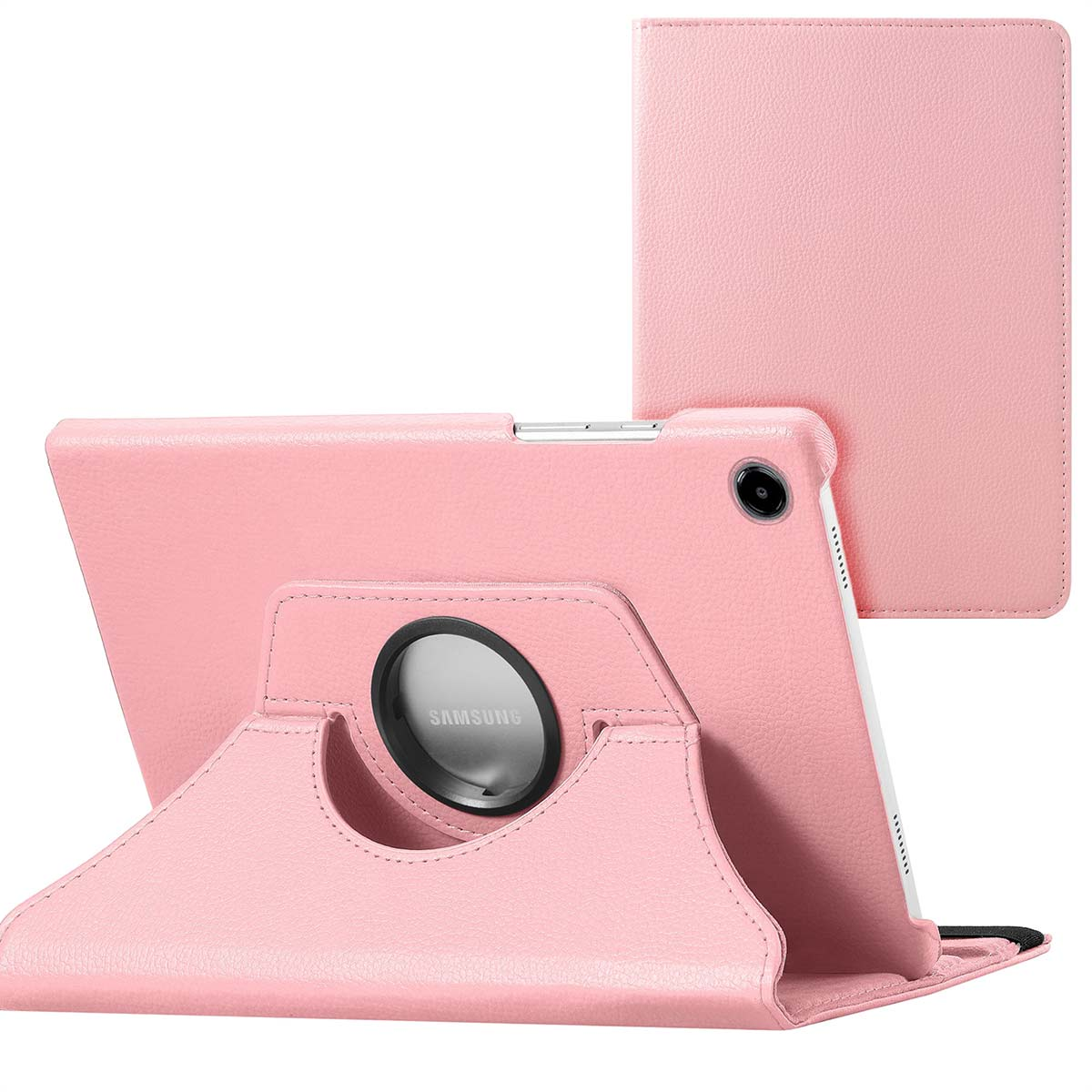 Étui de tablette rose avec support. Une tablette est dans l'étui. Le support a un logo Samsung.