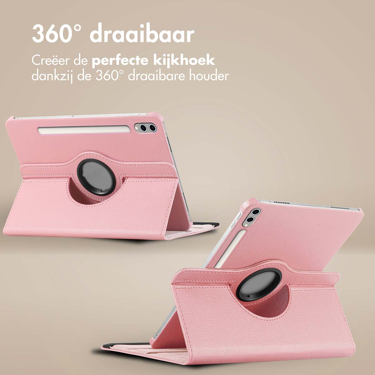 Roze tablethoes met een roterende standaard, twee hoezen in verschillende posities.