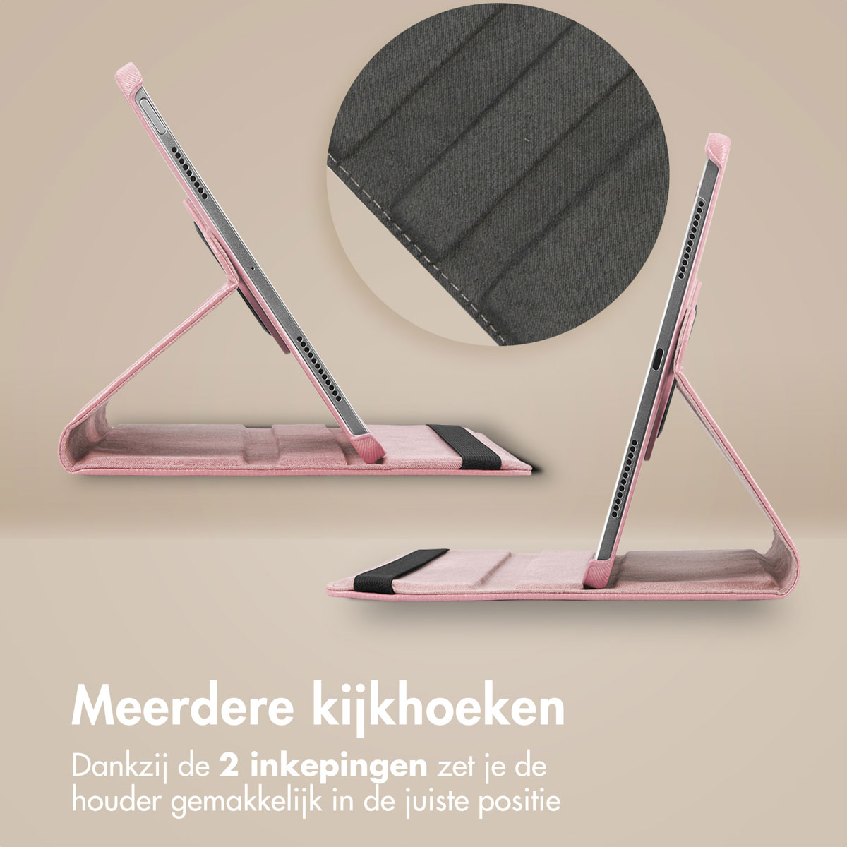 Twee roze tabletcases, een opgesteld, de andere plat. Detail toont binnenstiksel.