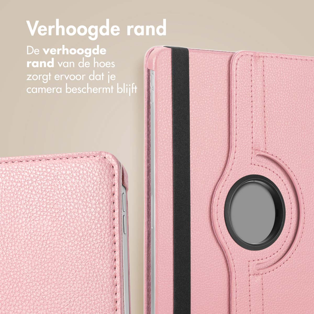 Een roze tablethoes met een zwarte band. De hoes heeft een cameraholte en een gestructureerd oppervlak.
