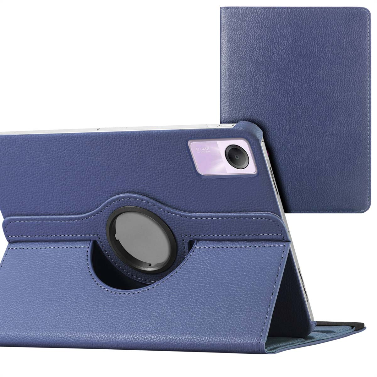 Blue tablet in a case, angled for viewing. Another case piece is behind it.