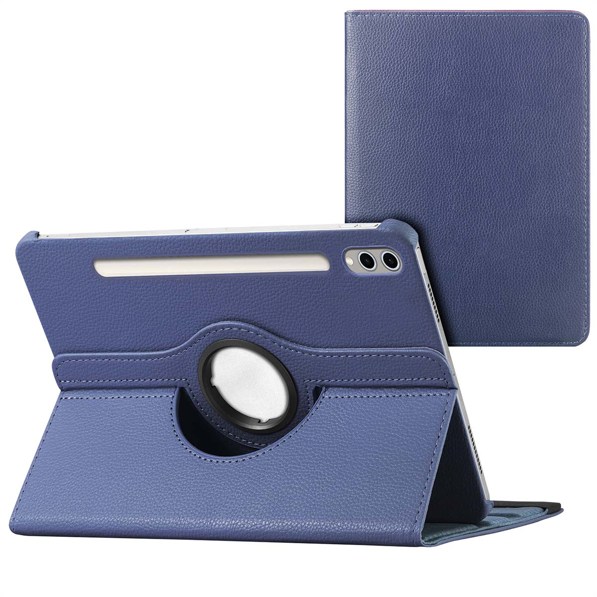 Étui de tablette bleu, ouvert, avec une tablette à l'intérieur, montrant l'arrière et l'avant.