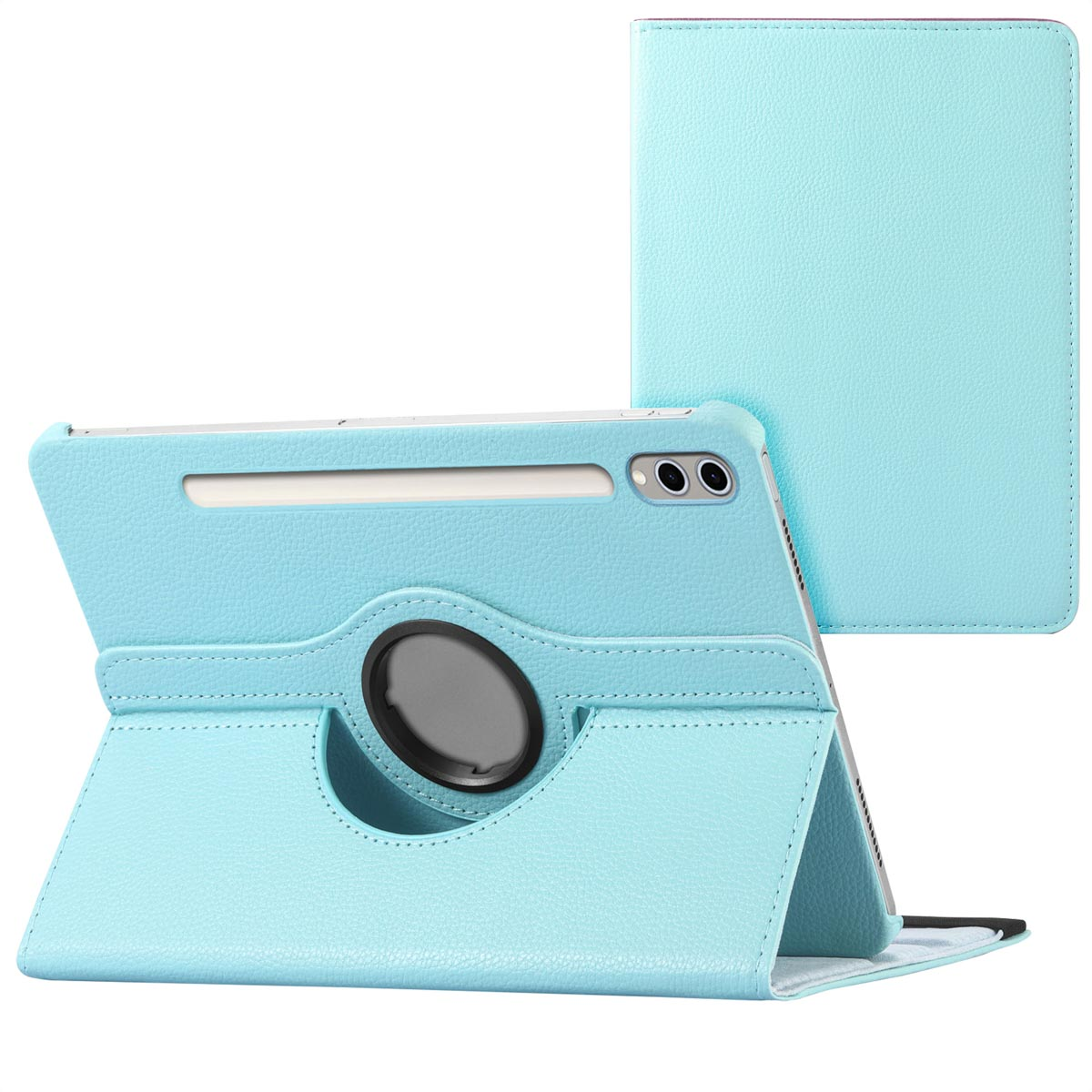 Light blue tablet case open and closed, showing a ring for rotation.