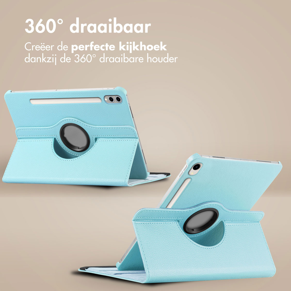 Two light blue tablets in stand cases, with a pen, and a case on a light background.