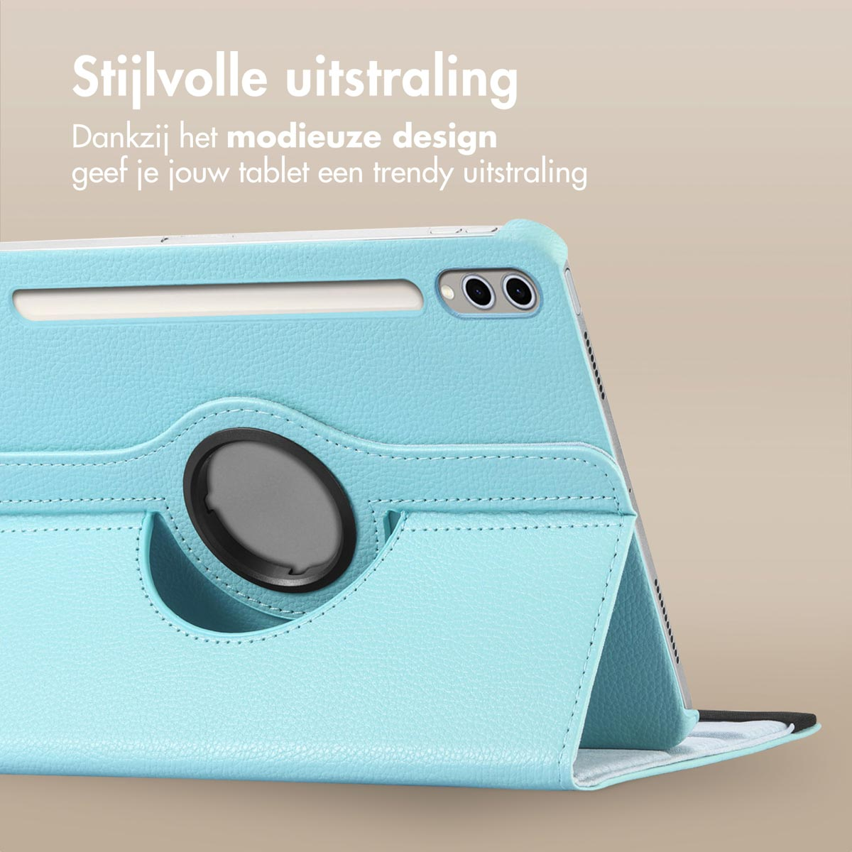 A light blue tablet case with a tablet inside, showing the front and a swivel feature.