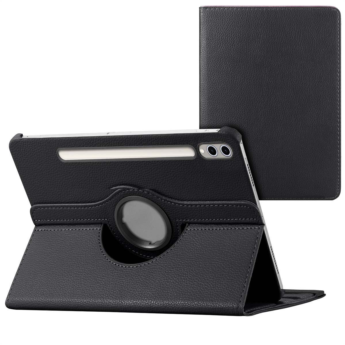 Étui noir pour tablette ouvert et fermé, avec un anneau pour la rotation.