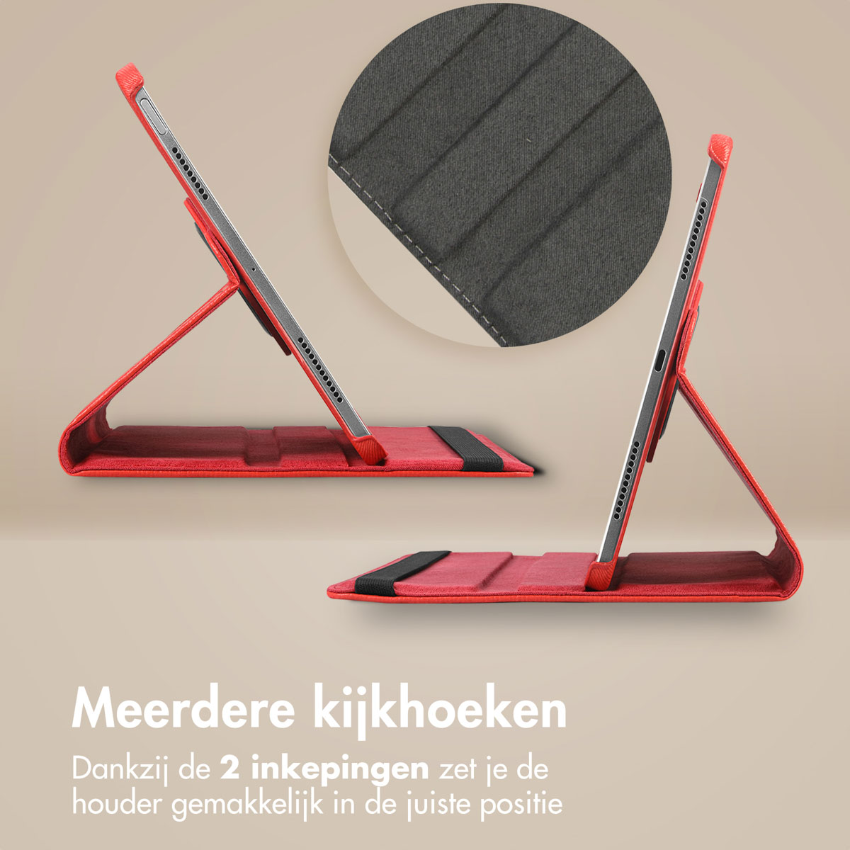 Red tablet cases with multiple viewing angles, each with two grooves.