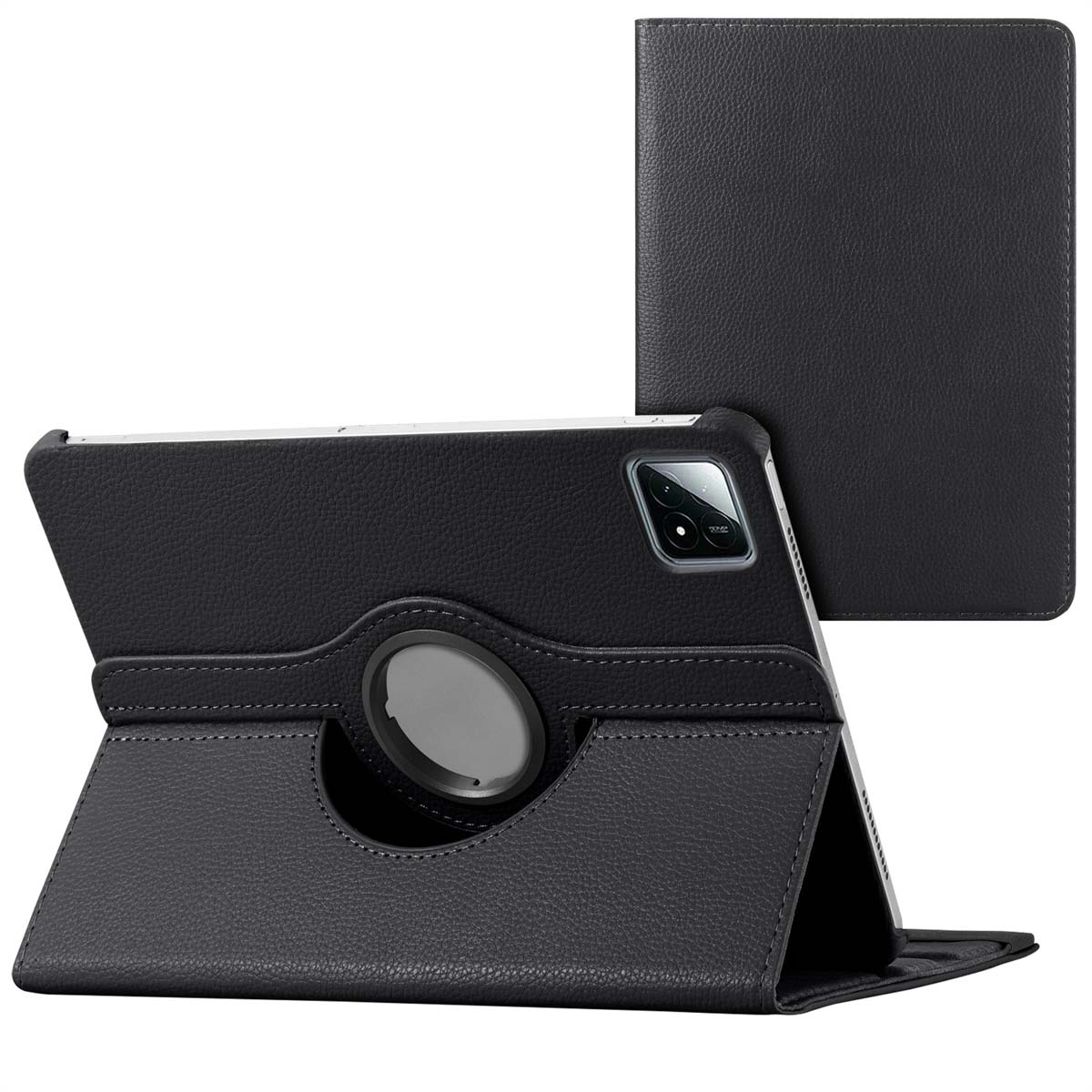Étui de tablette noir avec anneau rotatif et tablette à l'intérieur.