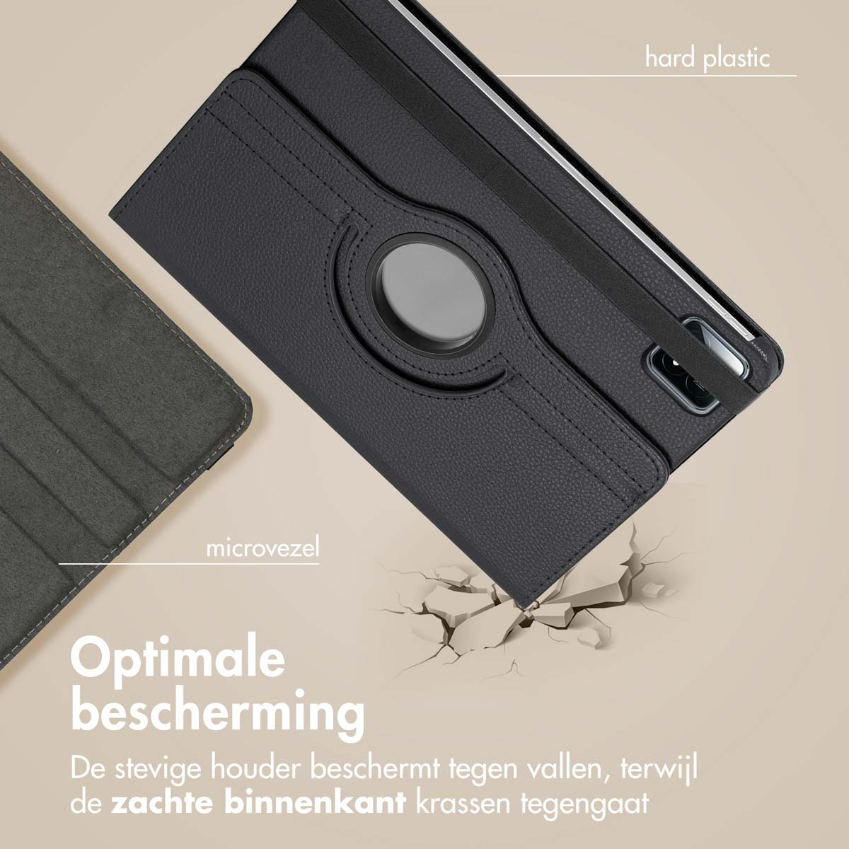 Étui de tablette noir, ouvert, avec une tablette à l'intérieur, montrant l'intérieur en microfibre.