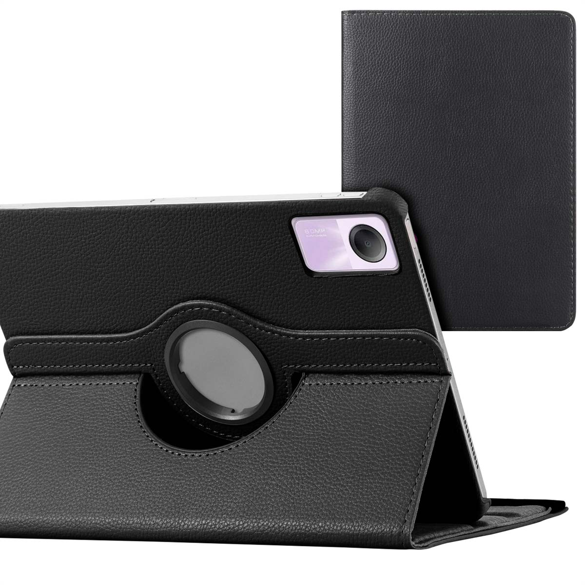 Black tablet in a case, angled for viewing. Another case piece is behind it.