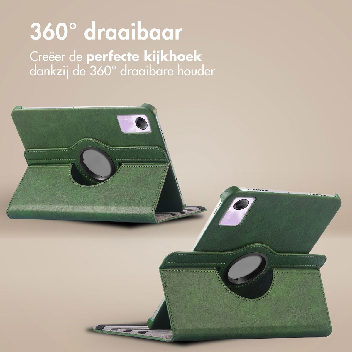 Green tablet case with tablet inside, shown open and closed. Text: '360° rotatable'.