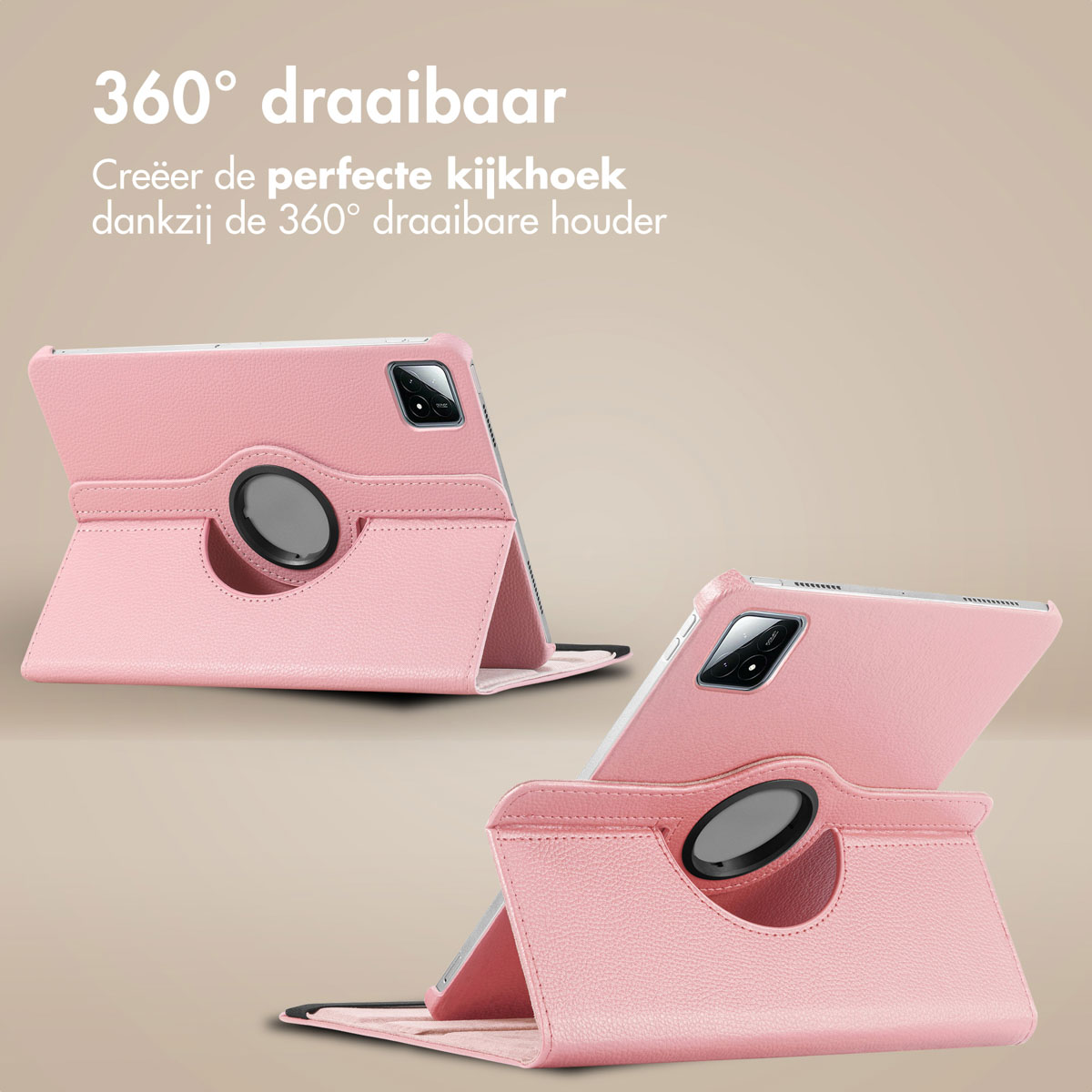 Roze tablethoes met tablet erin, open en dicht. Tekst: '360° draaibaar'.