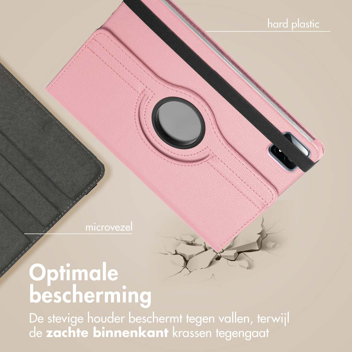 Roze tablethoes met zwarte elastische band. Tekst: 'Optimale bescherming', 'microvezel', 'hard plastic'.