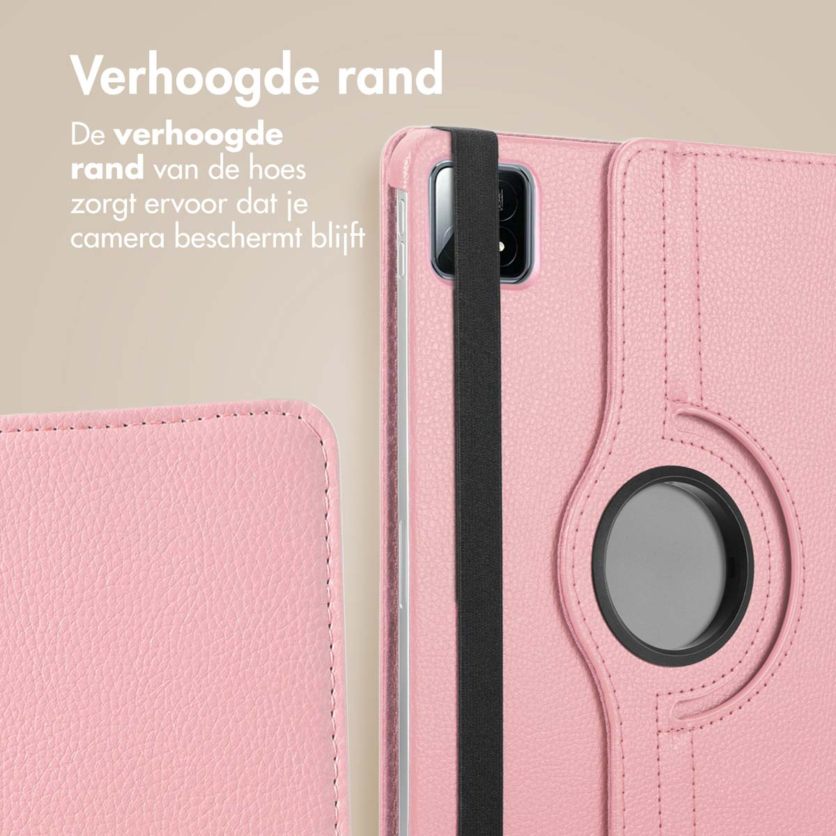 Roze tablethoes, close-up van de rand met een zwarte elastische band en een draaiende ring.