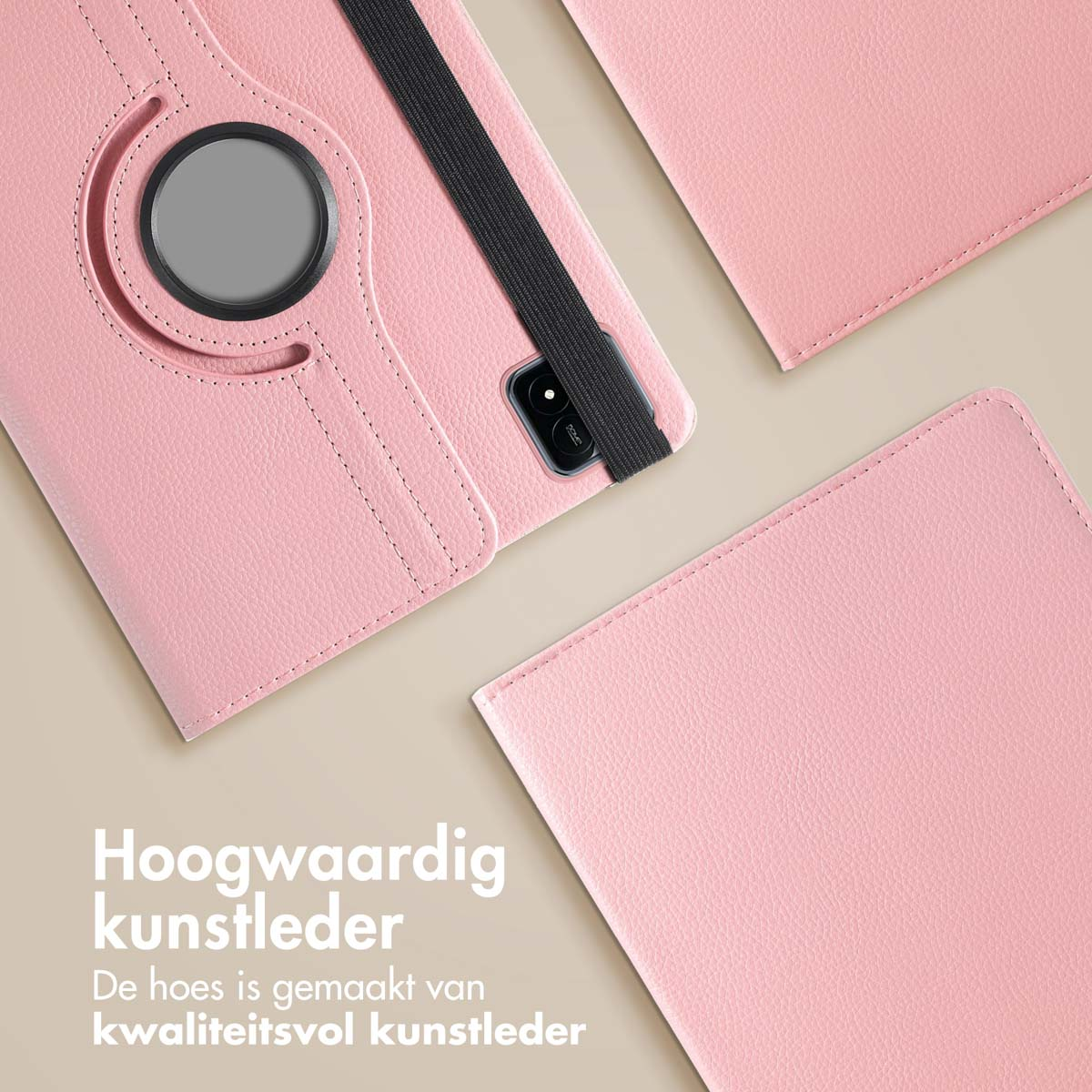 Roze tablethoes, open, met een tablet erin, met een leerachtige textuur.