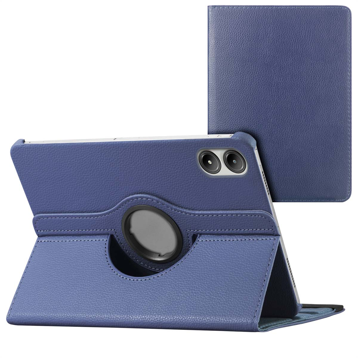 Blue tablet case with a tablet inside, open and angled.