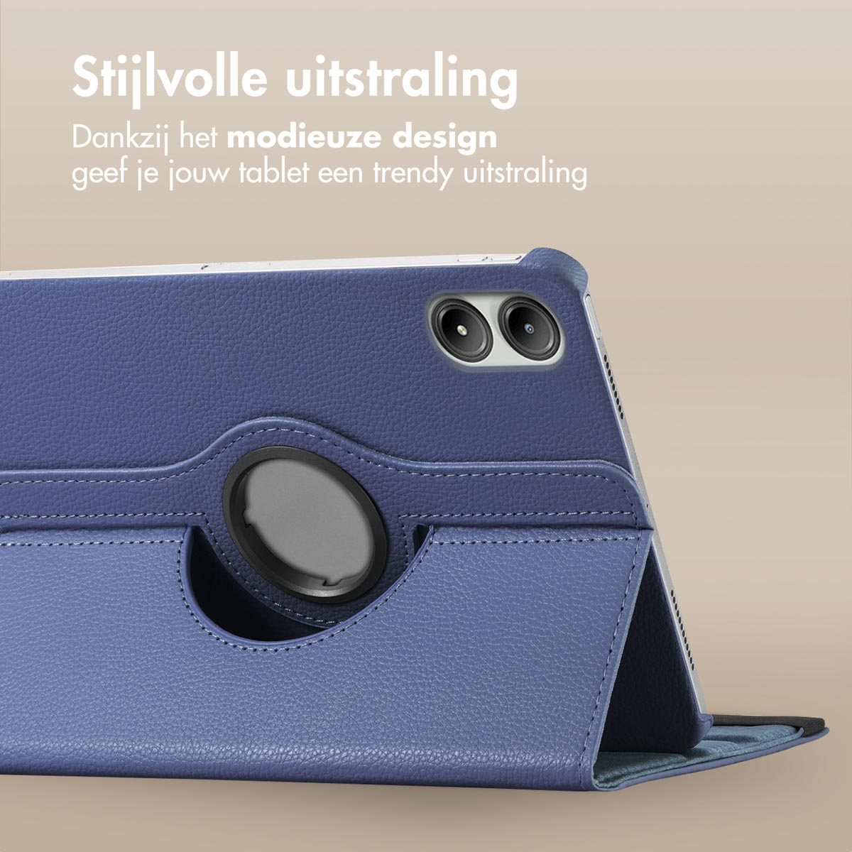 Blue tablet case with a stylish design. The tablet is in the case.