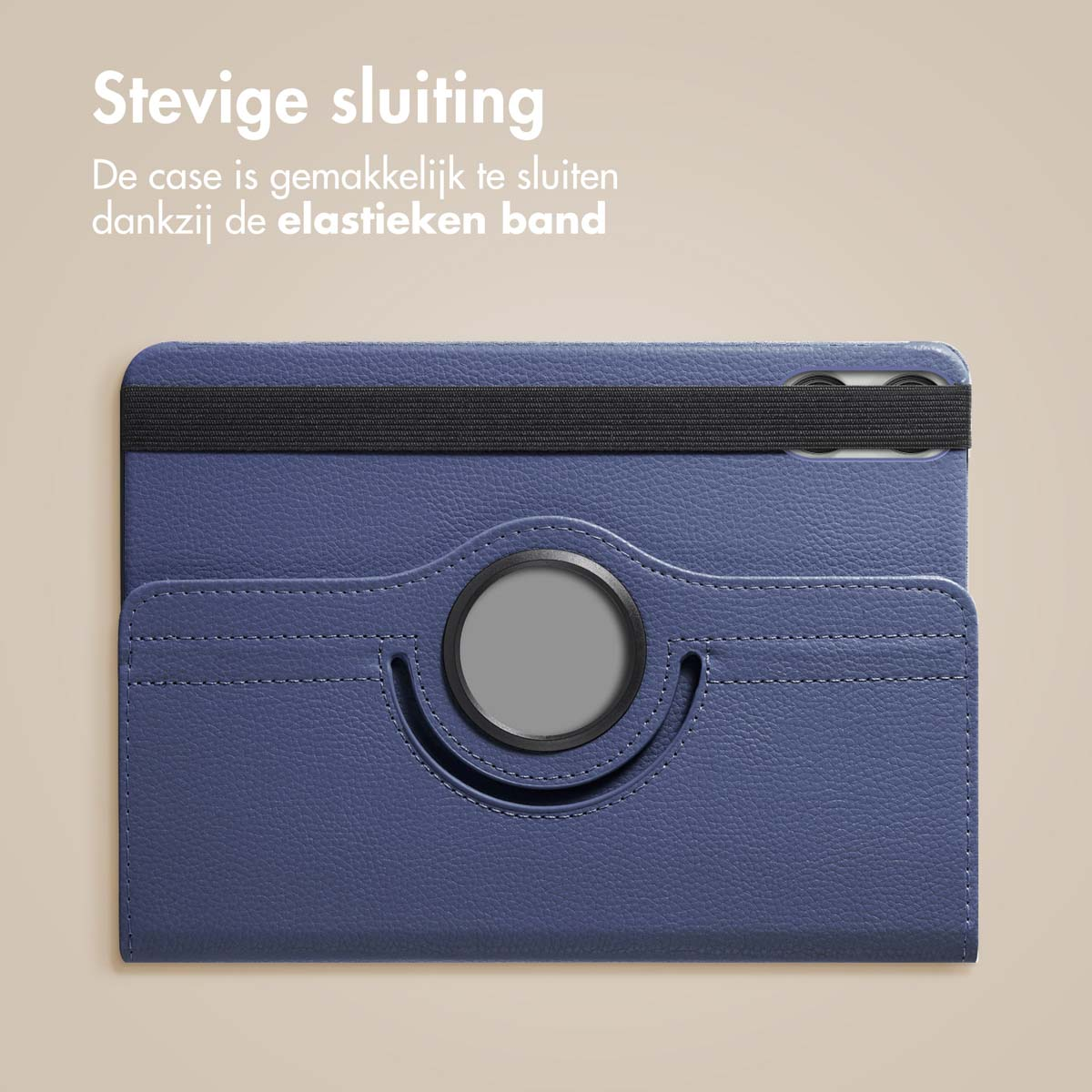 Blue tablet case closed with an elastic band. The case has a rotating holder.