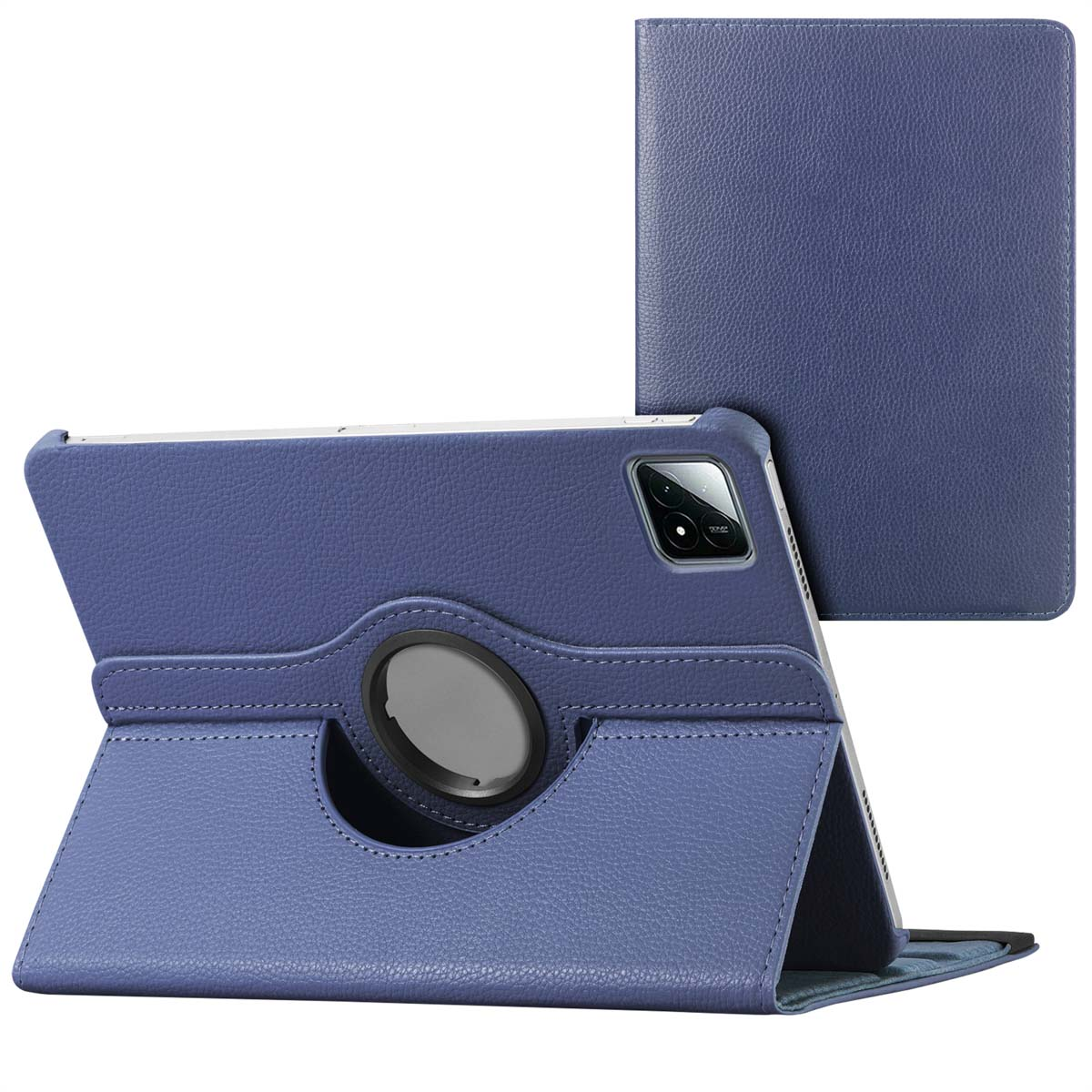 Étui de tablette bleu avec anneau rotatif. La tablette est dans différentes positions. Fond blanc.
