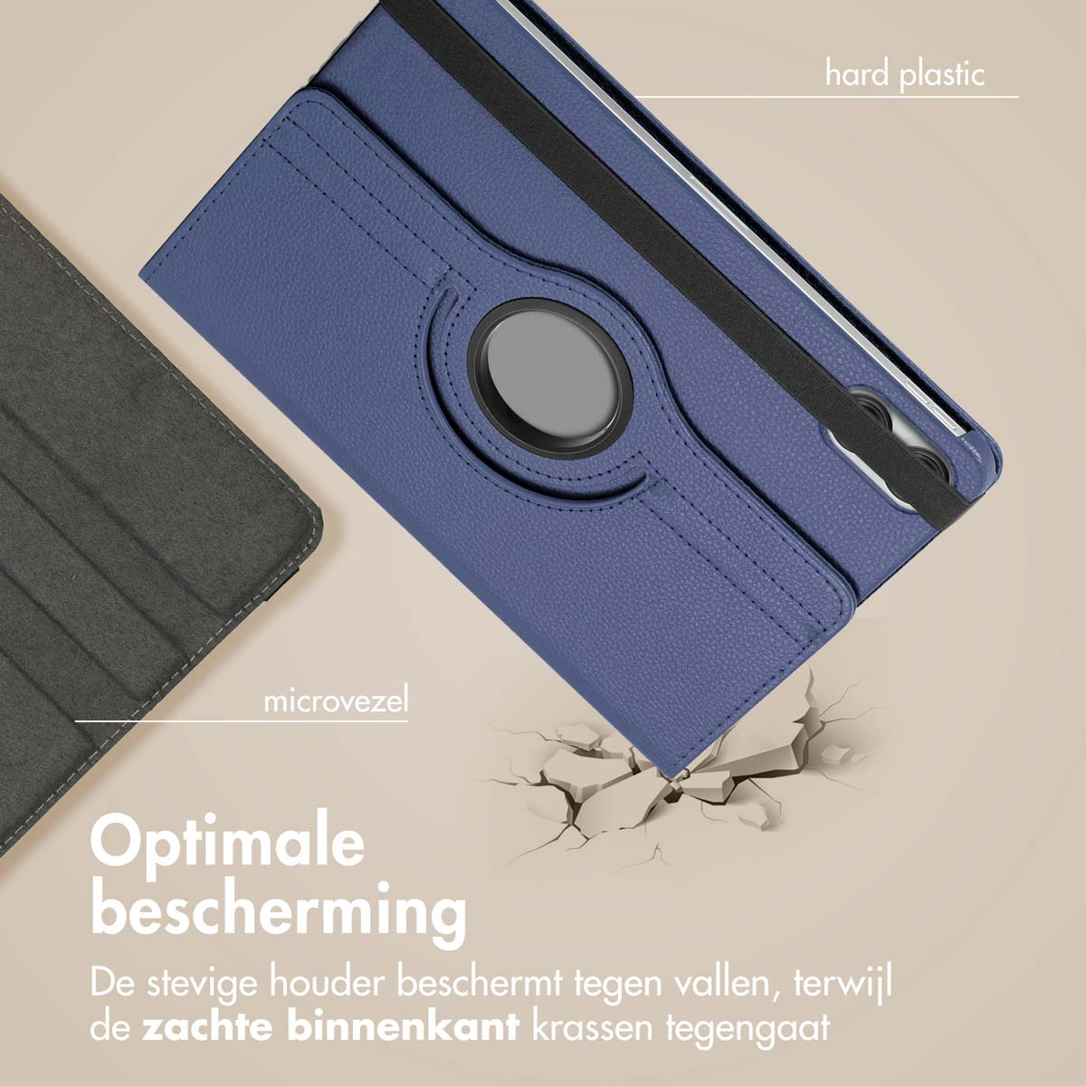 Tablet case with a blue cover and a microfibre interior. The case is breaking a surface. Labels are visible.