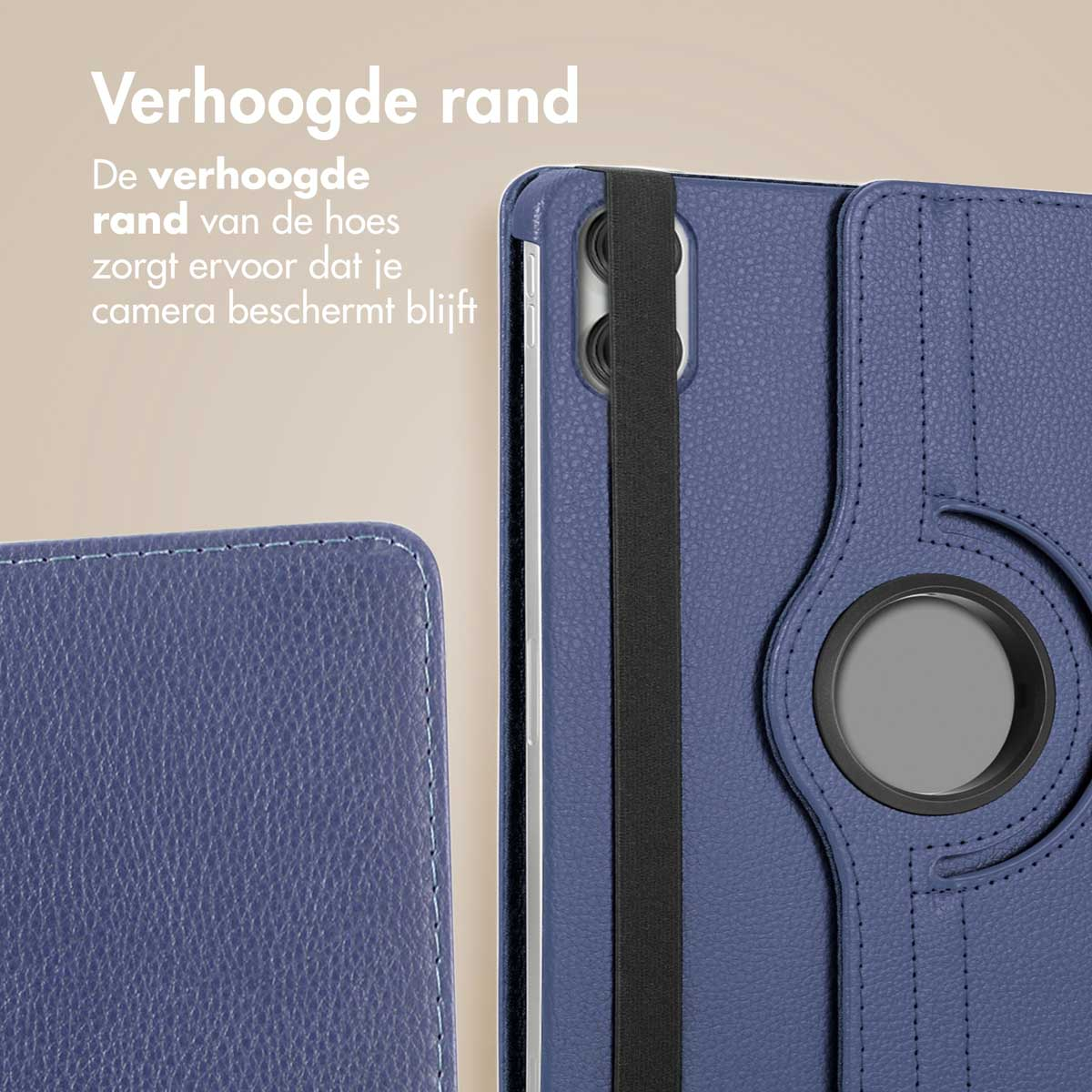 Blue tablet case with a black strap. The text "Verhoogde rand" is at the top left.
