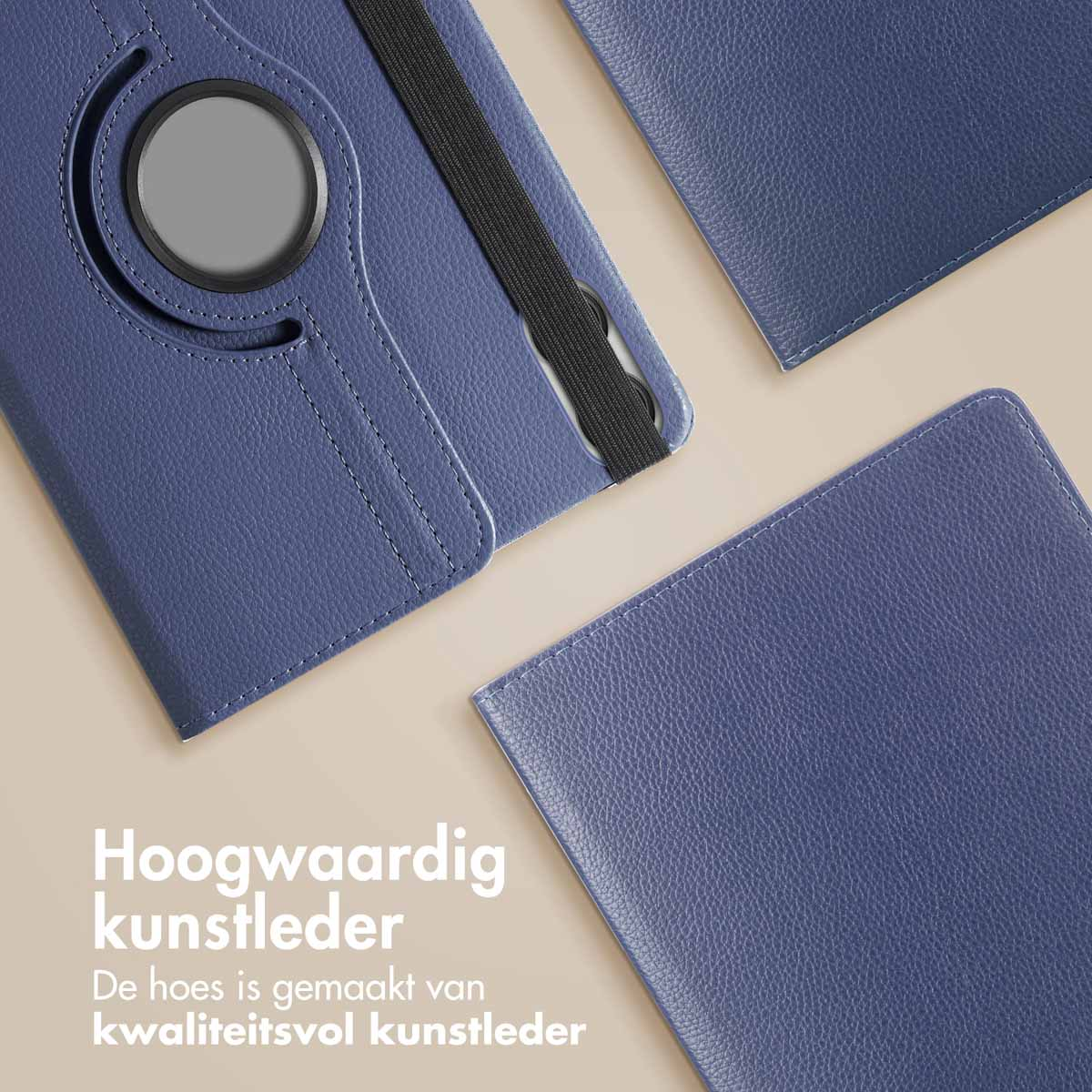 Blue leather tablet case components.  Top text says 'High-quality synthetic leather'.