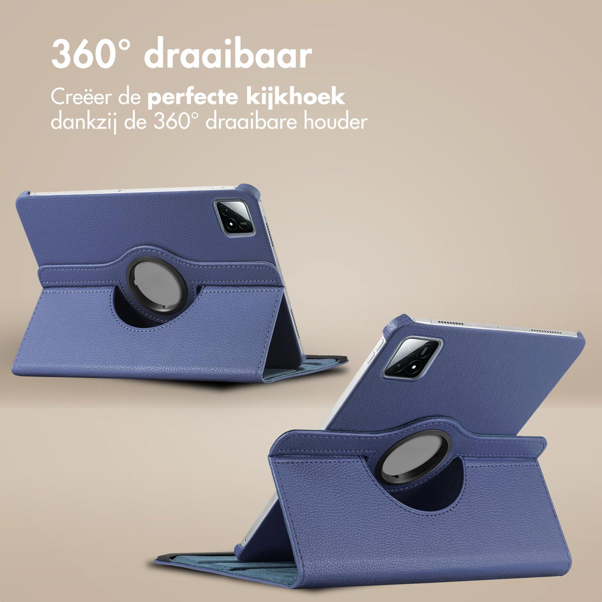 Housse de tablette bleue, avec anneau rotatif, en deux positions, montrant une tablette à l'intérieur.