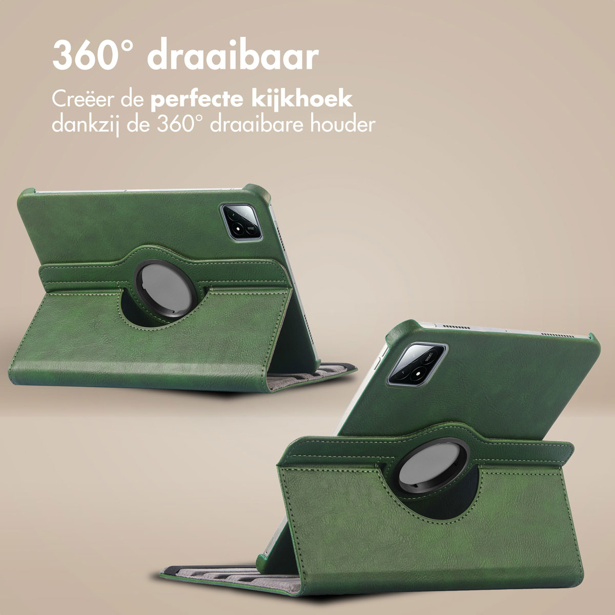 Étui de tablette vert en deux vues, montrant son support rotatif. Fond marron clair.