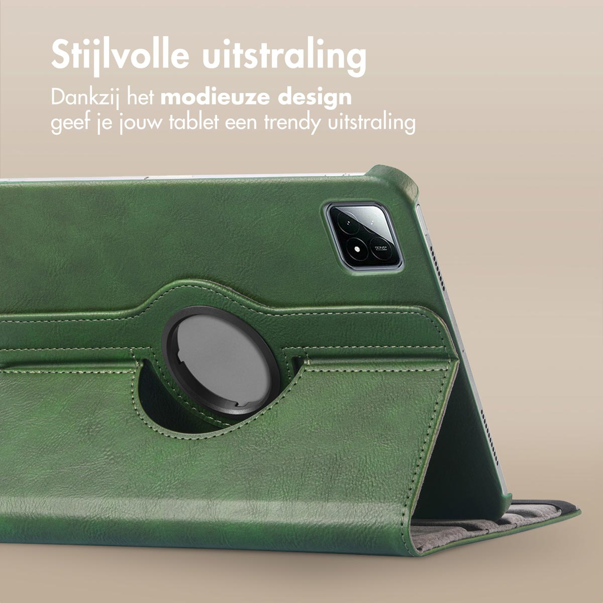 Étui de tablette vert, montrant une tablette à l'intérieur, avec une texture simili cuir.