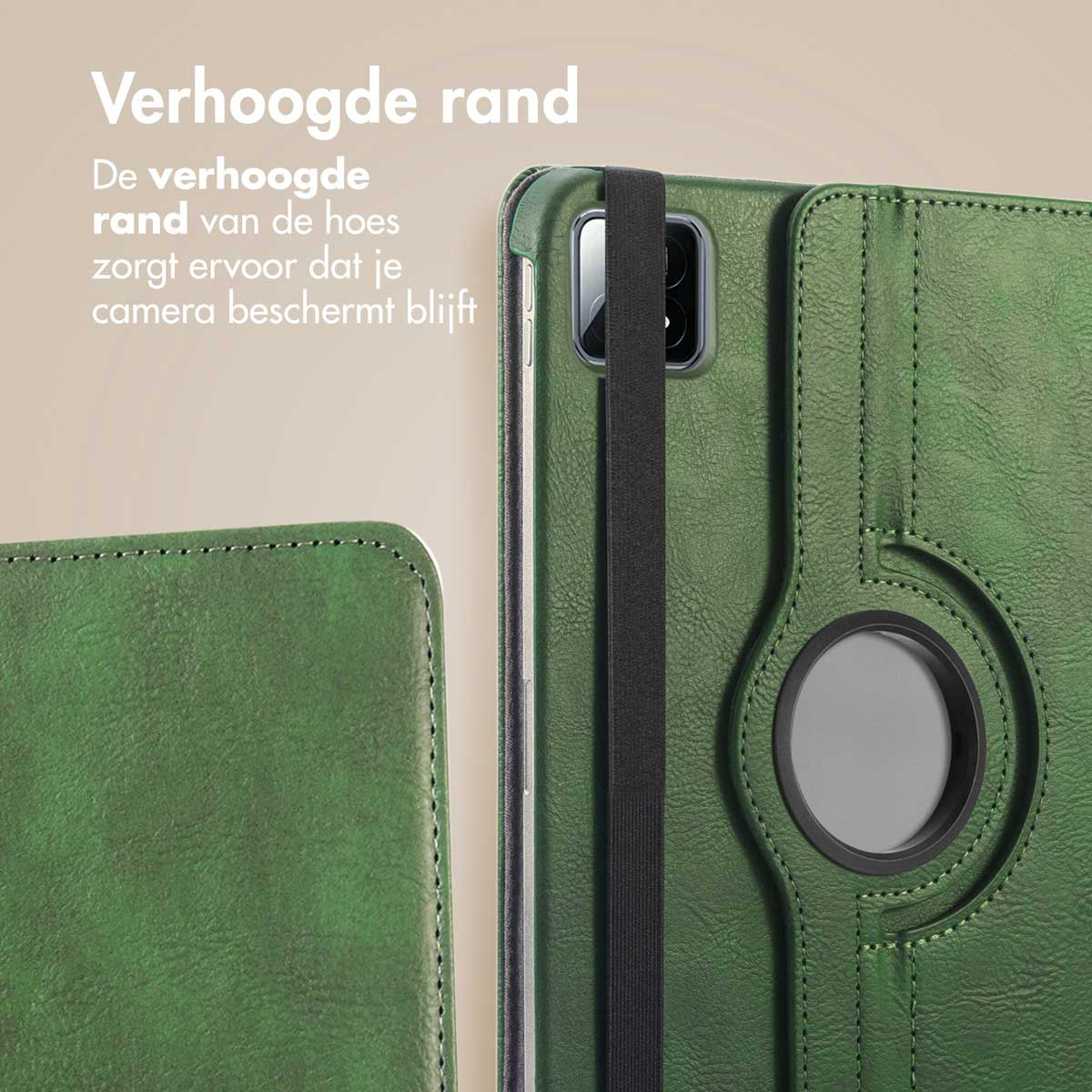 Étui de tablette vert, montrant un bord surélevé. Texte : 'Verhoogde rand', qui signifie 'Bord surélevé'.