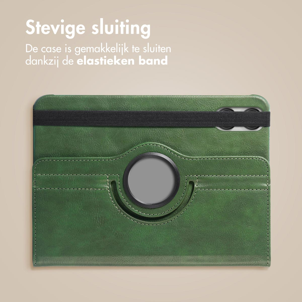 Green tablet case, opened, with black elastic band. Text says 'stevige sluiting', meaning 'Strong closure'.